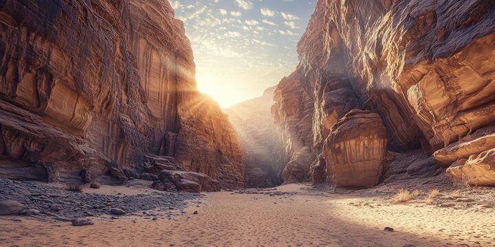 Experience the breathtaking and stunning views of Wadi Disah with its majestic cliffs towering above and the serene beauty of the surrounding desert landscape that lies within Tabuk, Saudi Arabia
