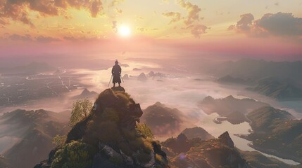 Render a 3D samurai standing atop a mountain peak, overlooking a vast landscape, symbolizing his journey and perseverance.