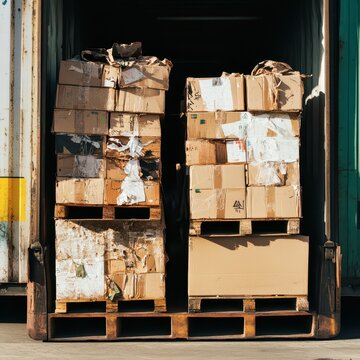 Stacked cardboard boxes on pallets at a warehouse unloading dock