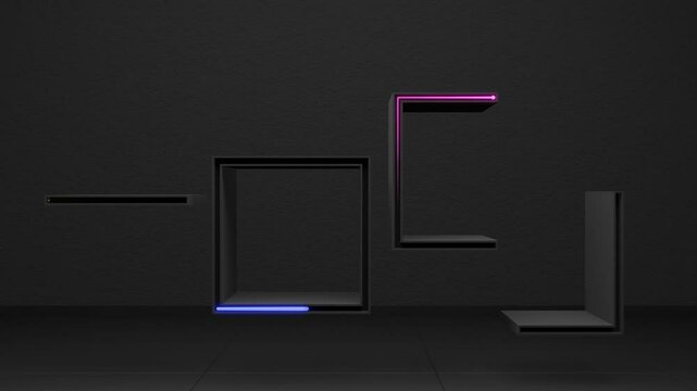 黒い空間に浮かぶネオンの様に光る幾何学的な直線で構成された台の3ｄレンダリングのループ