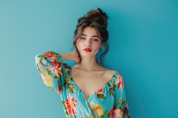 A woman wearing a bright floral dress poses for the camera, ready for her close-up
