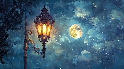 A solitary lamppost lights up the night sky with a full moon and a million stars