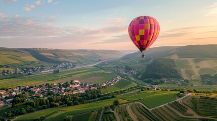 Naklejka premium Show a traveler enjoying a hot air balloon ride, soaring above a beautiful landscape dotted with vineyards and quaint villages.