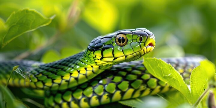 Grass snake Natrix natrix sunbathing in a backyard on a warm summer afternoon.