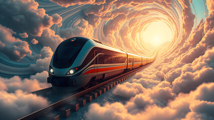 Futuristic Train Navigating Through a Vortex of Time and Space: Journey Amid Swirling Clouds, Distinctive Patterns, and a Dreamlike Tapestry in a Glowing Sky. Realistic Digital Art.