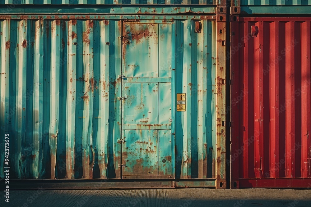 Poster two containers with different colors sitting together, possibly for storage or transportation