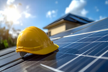 A bright yellow hard hat placed on a solar panel, showcasing renewable energy and safety in construction.