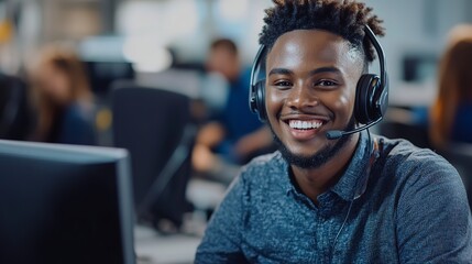 Fototapeta premium Cheerful young man wearing a headset and working at a computer, in a customer service or call center environment.