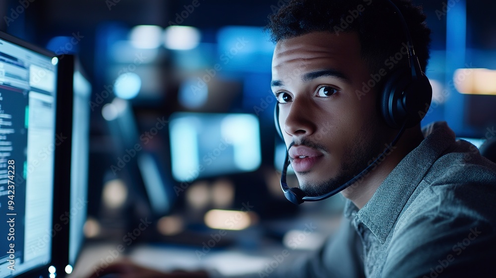 Poster close-up of a customer service representative wearing a headset working at a computer in a call cent