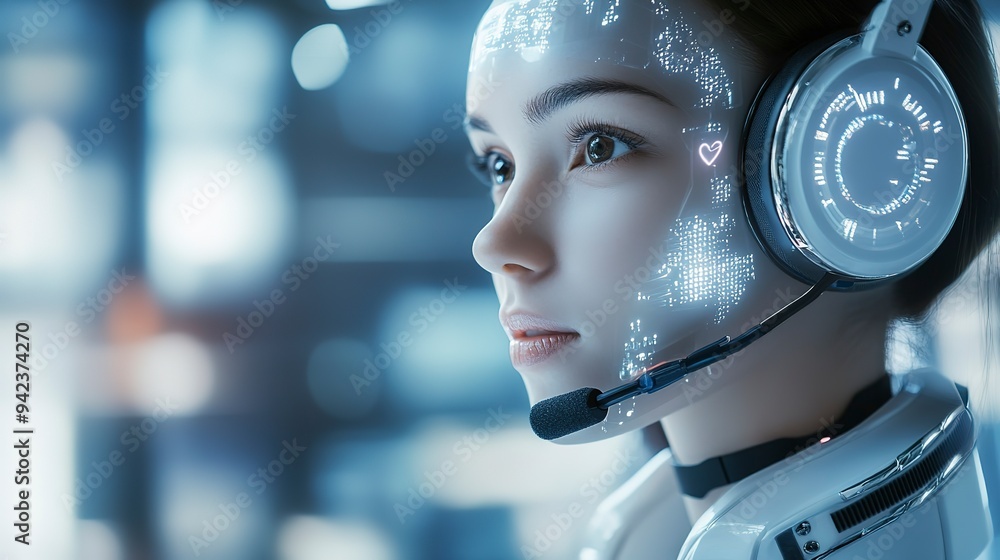 Sticker AI customer service representative with headset exemplifying AI-driven communication in a modern tech setting