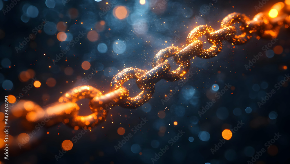 Poster a close-up view of a glowing chain link, enhanced by bokeh effect and shimmering lights, creating a 