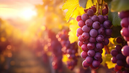 Fototapeta premium A close-up of ripe purple grapes hanging in a vineyard, illuminated by the soft glow of sunset, showcasing nature's bounty.