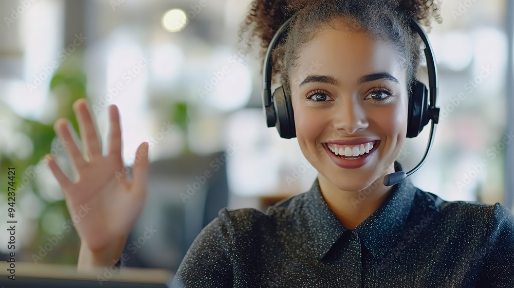 Poster a friendly customer service representative speaks into her headset, gesturing enthusiastically while