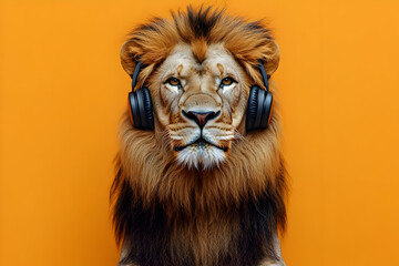 Obraz premium A confident lion wearing headphones against a vibrant orange backdrop, embodying music and wildlife in a creative fusion.
