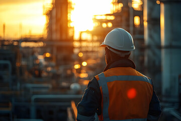 A construction worker in a hard hat and safety vest gazes at a sunset in an industrial environment, symbolizing hard work and dedication.