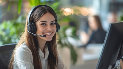 Call center, conversation and happy woman at help desk for advice, sales and telemarketing in headset. Consulting, communication and face of virtual assistant, customer service agent or crm advisor