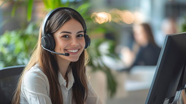 Call center, conversation and happy woman at help desk for advice, sales and telemarketing in headset. Consulting, communication and face of virtual assistant, customer service agent or crm advisor