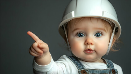 A cute baby wearing a helmet points curiously, showcasing innocence and wonder in a vibrant, playful portrait.
