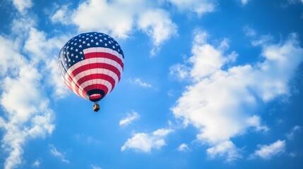 Fototapeta premium Blue sky and white clouds, hot air balloon with American flag, hot air balloon close-up,