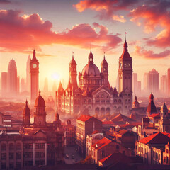 Fototapeta premium Sunset over a futuristic cityscape with iconic architecture