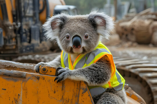 A cute koala wearing a safety vest, perched on construction equipment, showcasing wildlife and safety in an industrial setting.
