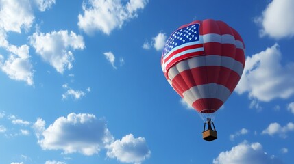 Fototapeta premium Blue sky and white clouds, hot air balloon with American flag, hot air balloon close-up,