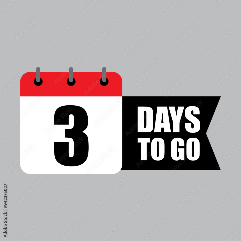 Poster countdown calendar icon. number three focus. bold 3 days to go text. red and white layout.