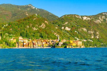 The picturesque and colorful lakefront village of Varenna, Italy, on the shores of Lake Como in the Lombardy region of Northern Italy