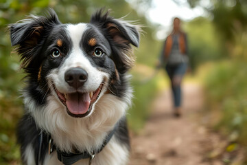Fototapeta premium A happy dog with striking blue eyes smiles on a scenic trail, showcasing companionship and joy in nature.
