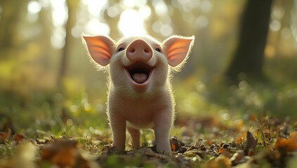 A happy piglet stands in a sunlit forest, embodying joy and playfulness amidst nature's beauty.