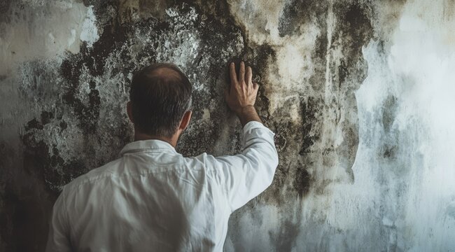 A man, lost in thought, touches a moldy wall, symbolizing his confrontation with decay. This moment underscores the urgent need for meaningful change and awareness of health and safety issues
