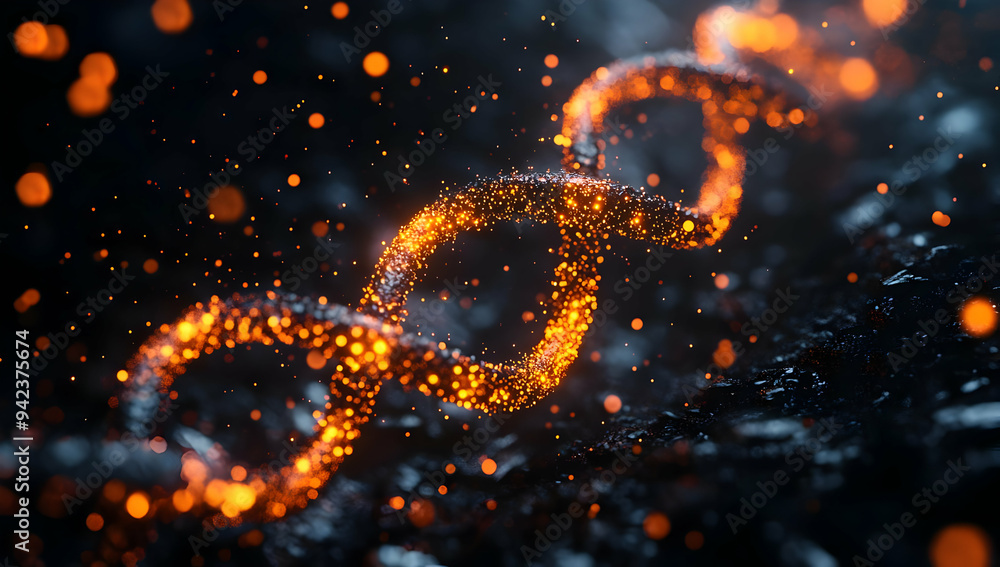 Poster a mesmerizing strand of glowing particles forms a dynamic infinity symbol against a dark background,