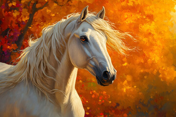 A majestic white horse stands gracefully among vibrant autumn leaves, capturing the essence of nature's beauty and tranquility.