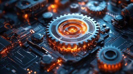 Glowing gears and advanced tech elements fill an abstract futuristic technology background.