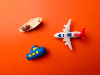 Top view toy ship,submarine and air plane