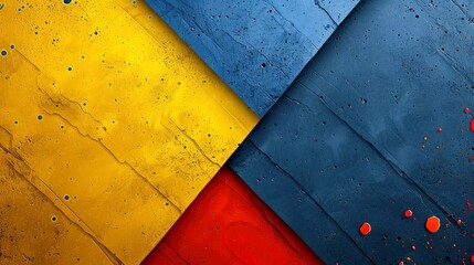 Naklejka premium Abstract Geometric Pattern with Yellow, Blue, and Red Paint Splatter