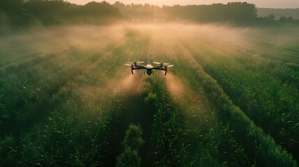 Future farming - agriculture drone fertilizing a field, innovative technology enhancing crop yield and efficiency, revolutionizing modern agricultural practices for sustainable growth.
