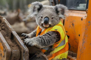 A playful koala wearing a safety vest, sitting in a construction vehicle, showcasing a unique blend of nature and machinery.