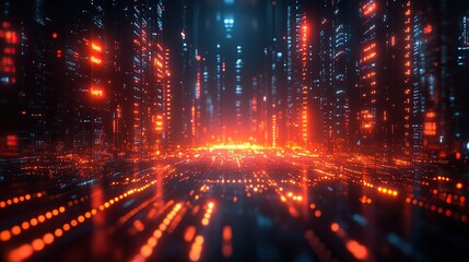 Fototapeta premium A futuristic tech city at night is depicted in an abstract illustration, highlighting quantum computing systems.