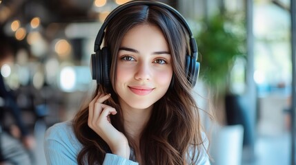 beautiful girl with headphones customer service concept in a real office 