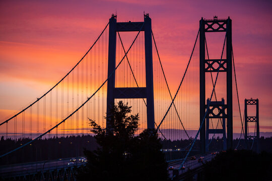 Tacoma, Washington State, Tacoma Narrows Bridge at sunset
