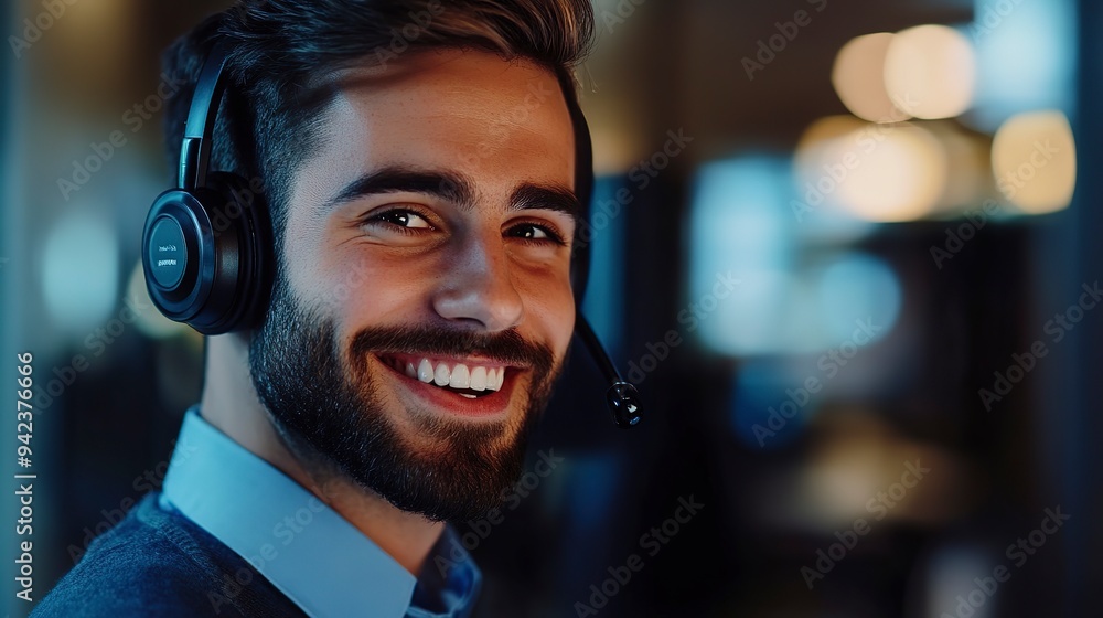 Poster smiling agent with headset on