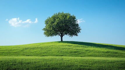 Obraz premium A serene and tranquil landscape is created by an abstract lonely tree in a green meadow under blue skies.