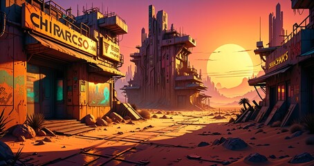 cyberpunk town city wasteland in the desert at sunset. futuristic dystopian sci fi buildings in oasis sahara ghetto slum outpost with sandy road canyon rocks in horizon.
