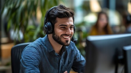 Fototapeta premium Call center man consulting and customer support. Computer/headset advice. Telemarketers, customer service reps, and online crm workers chat with computers.