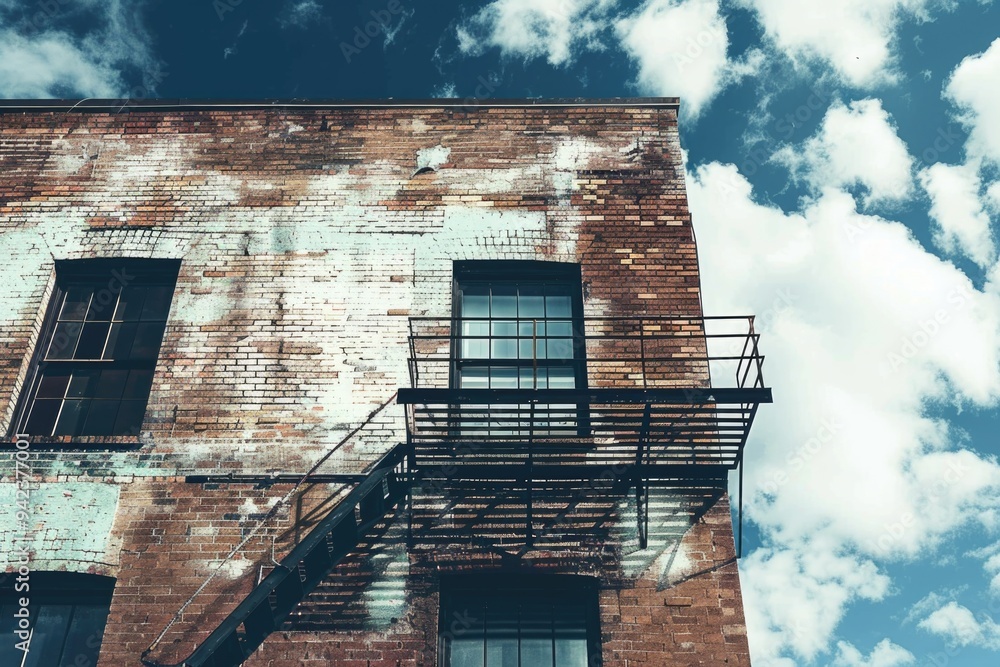 Aufkleber A brick building with a fire escape staircase, useful for scenes where characters need to exit or enter the building