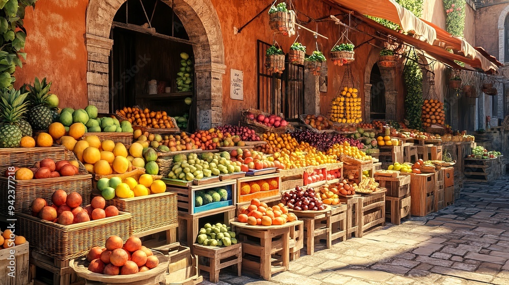 Sticker Charming outdoor market stand filled with various fresh fruits on a sunny day, capturing a rustic, vibrant, and inviting atmosphere of a local market.