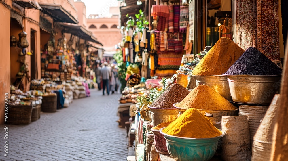 Sticker A busy market street in Marrakech complete with vibrant spices and textiles