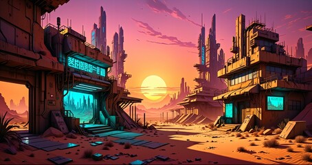 Naklejka premium cyberpunk town city wasteland in the desert at sunset. futuristic dystopian sci fi buildings in oasis sahara ghetto slum outpost with sandy road canyon rocks in horizon.