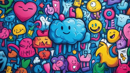 Fototapeta premium Colorful Cartoon Graffiti Wall Art with Funny Faces and Shapes